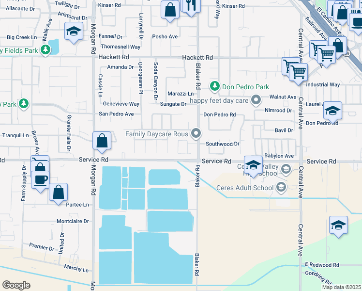 map of restaurants, bars, coffee shops, grocery stores, and more near 1625 Janni Way in Ceres