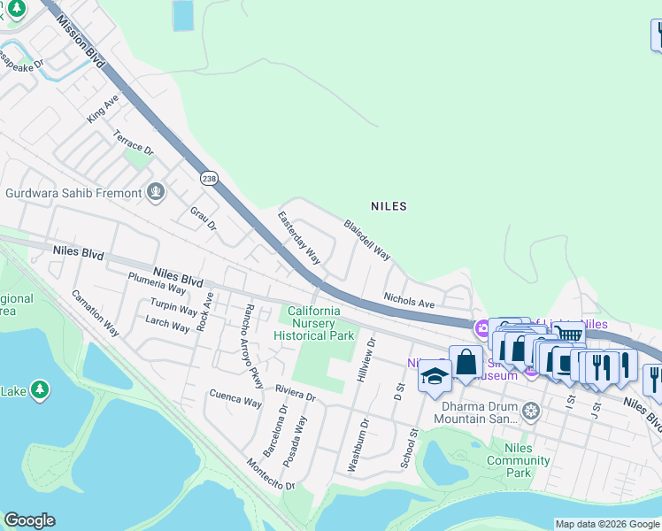 map of restaurants, bars, coffee shops, grocery stores, and more near 36315 Easterday Way in Fremont