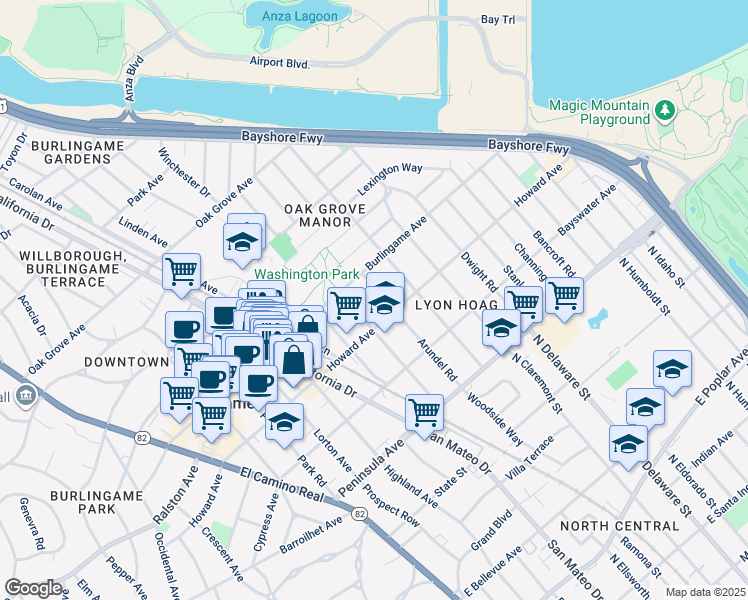 map of restaurants, bars, coffee shops, grocery stores, and more near 212 Anita Road in Burlingame