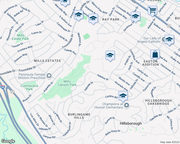 map of restaurants, bars, coffee shops, grocery stores, and more near 2855 Adeline Drive in Burlingame