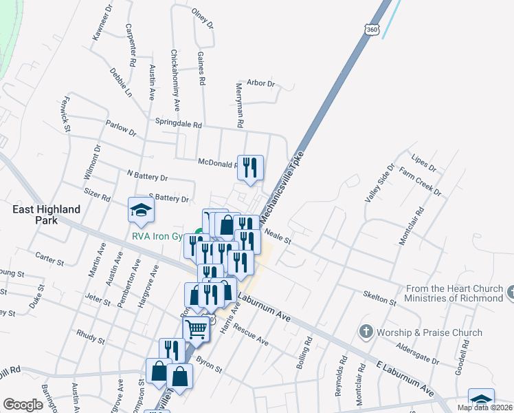 map of restaurants, bars, coffee shops, grocery stores, and more near 4100-4198 Mechanicsville Turnpike in Richmond