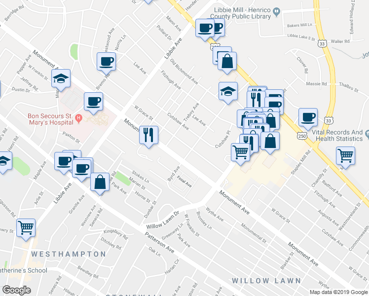 map of restaurants, bars, coffee shops, grocery stores, and more near 5303 West Grace Street in Richmond