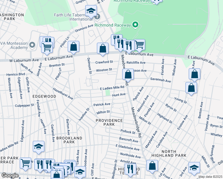 map of restaurants, bars, coffee shops, grocery stores, and more near 469 East Ladies Mile Road in Richmond