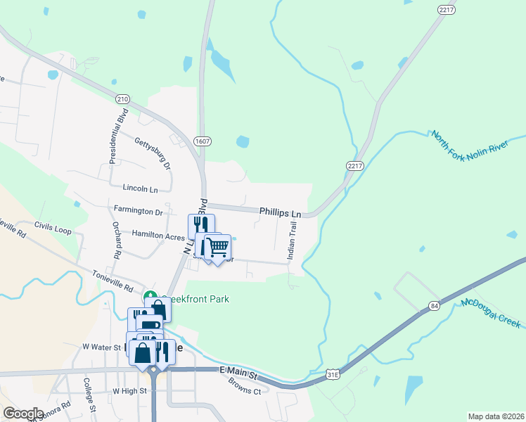 map of restaurants, bars, coffee shops, grocery stores, and more near State Highway 2217 in Hodgenville