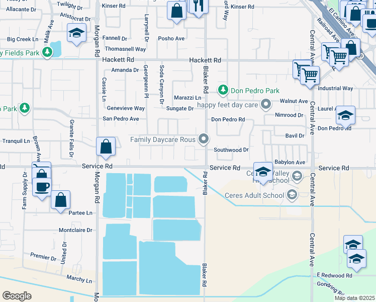 map of restaurants, bars, coffee shops, grocery stores, and more near 1625 Janni Way in Ceres