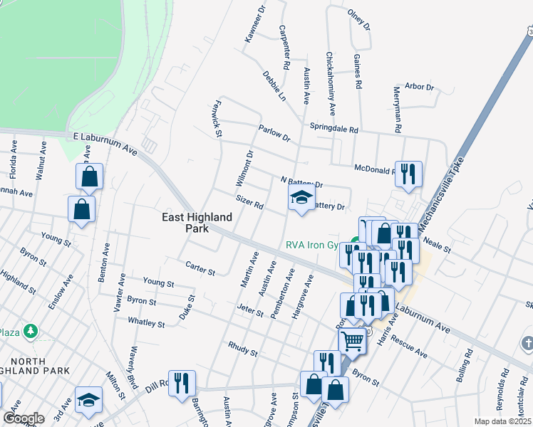 map of restaurants, bars, coffee shops, grocery stores, and more near 3917 Arden Road in Richmond