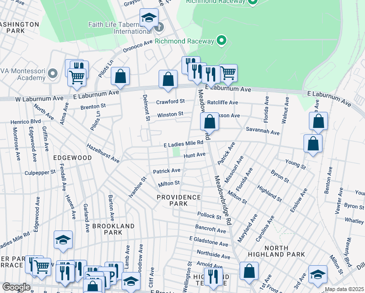 map of restaurants, bars, coffee shops, grocery stores, and more near 469 East Ladies Mile Road in Richmond