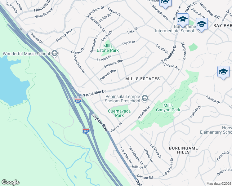 map of restaurants, bars, coffee shops, grocery stores, and more near 2985 Trousdale Drive in Burlingame
