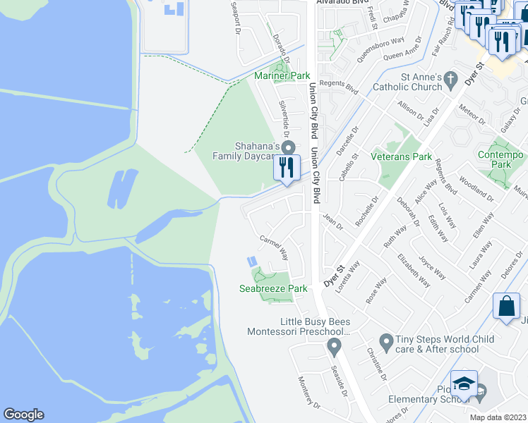 map of restaurants, bars, coffee shops, grocery stores, and more near 5862 Carmel Way in Union City