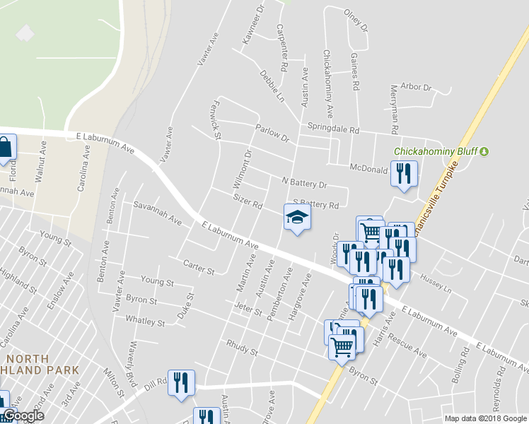 map of restaurants, bars, coffee shops, grocery stores, and more near 3917 Arden Road in Richmond