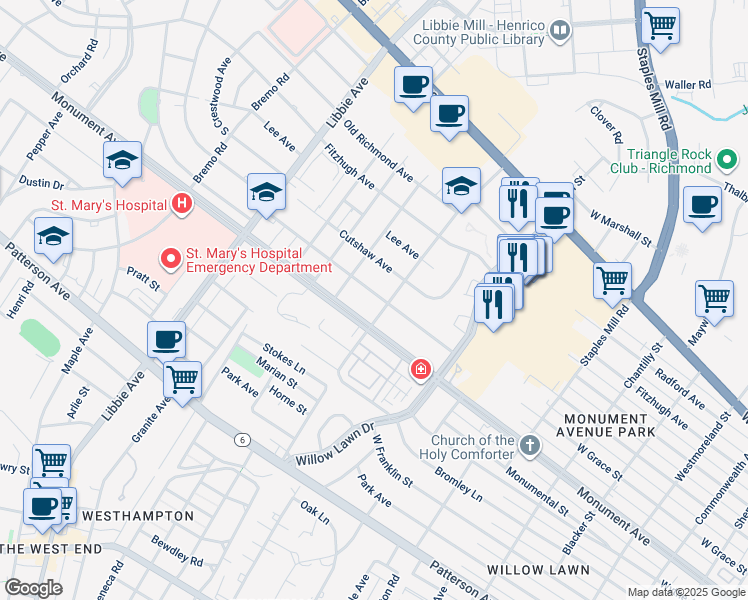 map of restaurants, bars, coffee shops, grocery stores, and more near 5303 West Grace Street in Richmond
