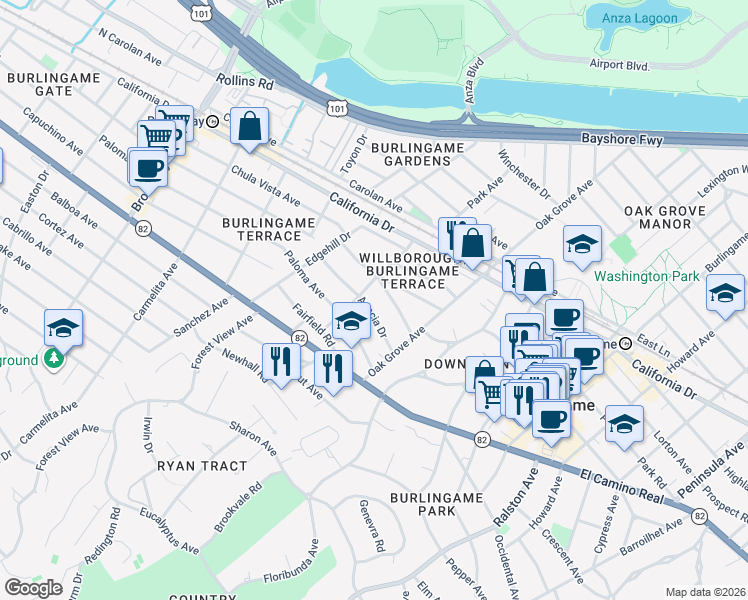 map of restaurants, bars, coffee shops, grocery stores, and more near 1309 Palm Drive in Burlingame