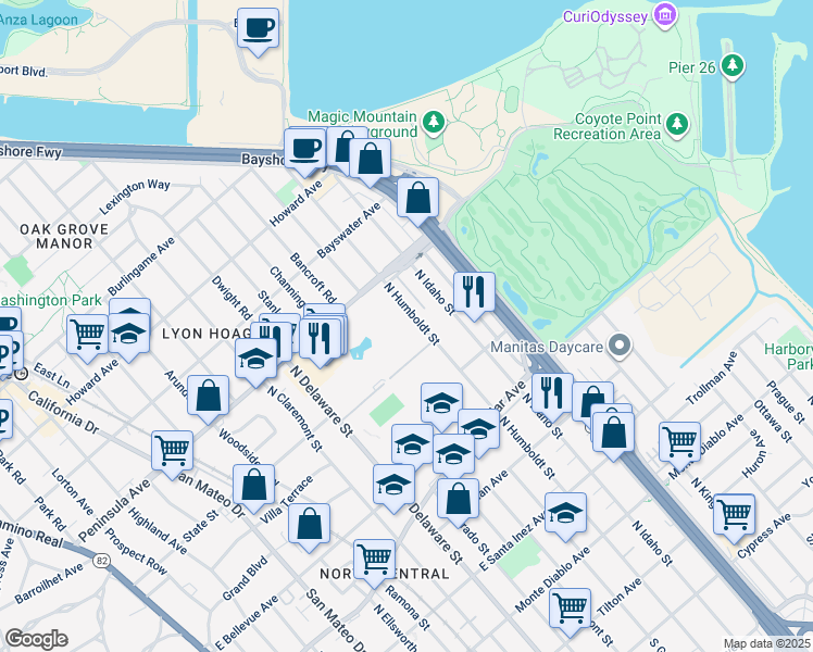 map of restaurants, bars, coffee shops, grocery stores, and more near 819 North Humboldt Street in San Mateo