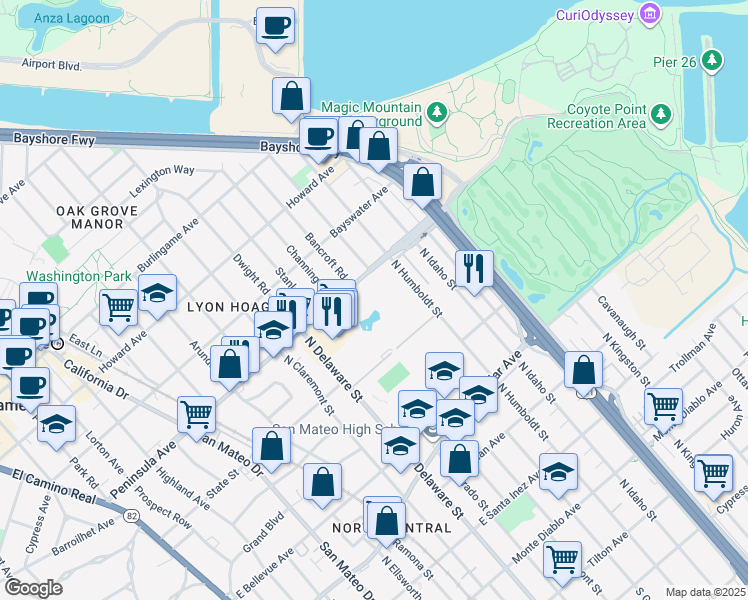 map of restaurants, bars, coffee shops, grocery stores, and more near 934 Peninsula Avenue in San Mateo