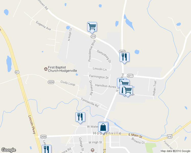 map of restaurants, bars, coffee shops, grocery stores, and more near 119 Farmington Drive in Hodgenville