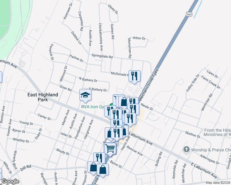 map of restaurants, bars, coffee shops, grocery stores, and more near 1929 South Battery Drive in Richmond