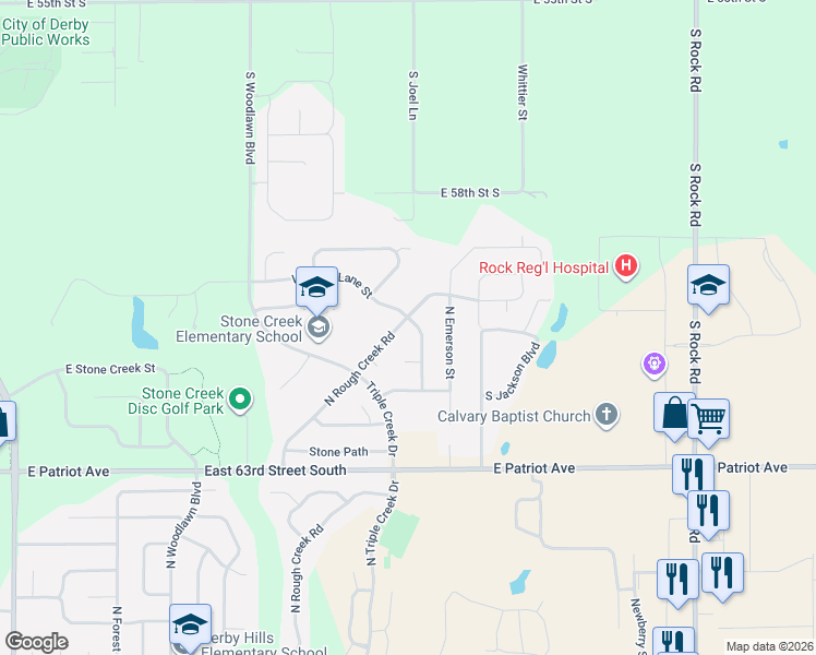map of restaurants, bars, coffee shops, grocery stores, and more near 3007 North Rock Bridge Street in Derby