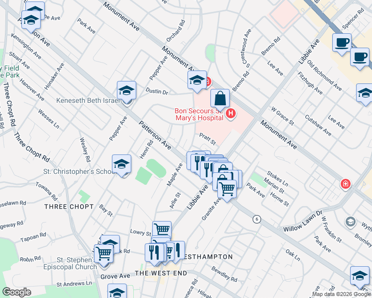 map of restaurants, bars, coffee shops, grocery stores, and more near 5905 Virginia 6 in Richmond