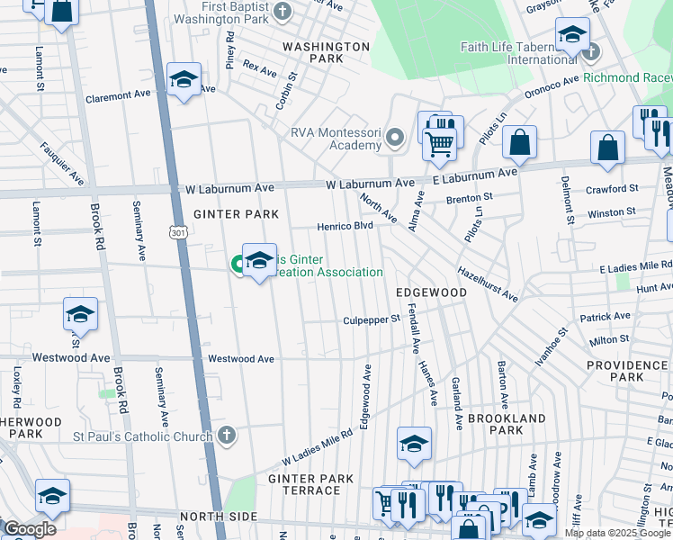 map of restaurants, bars, coffee shops, grocery stores, and more near 3601 Montrose Avenue in Richmond
