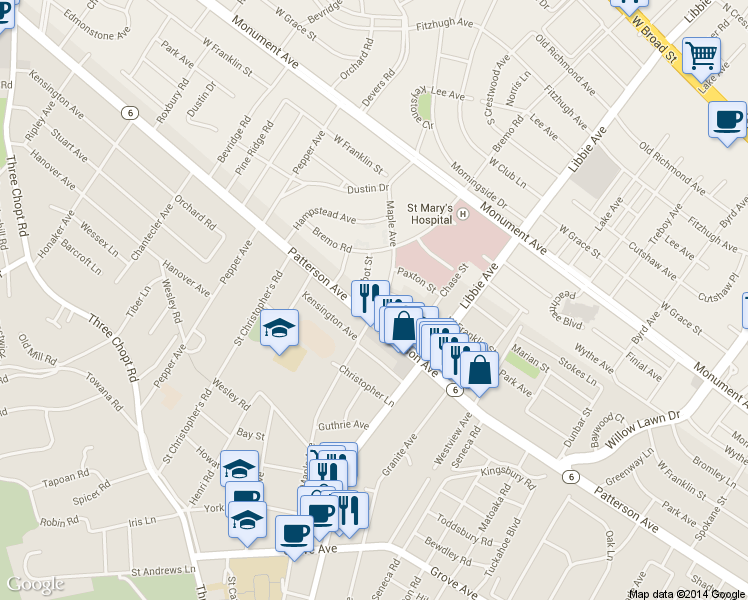 map of restaurants, bars, coffee shops, grocery stores, and more near 5905 Virginia 6 in Richmond