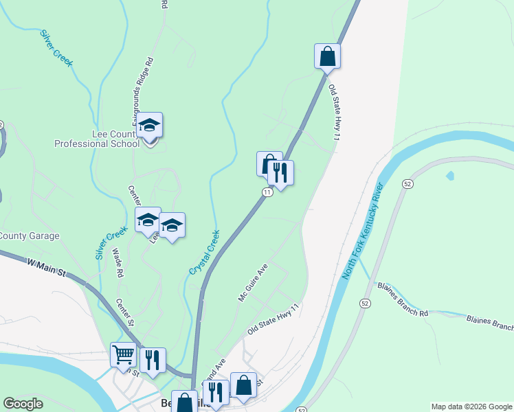 map of restaurants, bars, coffee shops, grocery stores, and more near Broadway in Beattyville