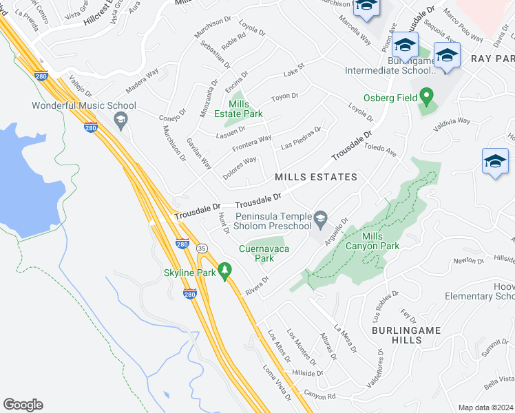 map of restaurants, bars, coffee shops, grocery stores, and more near 2985 Trousdale Drive in Burlingame