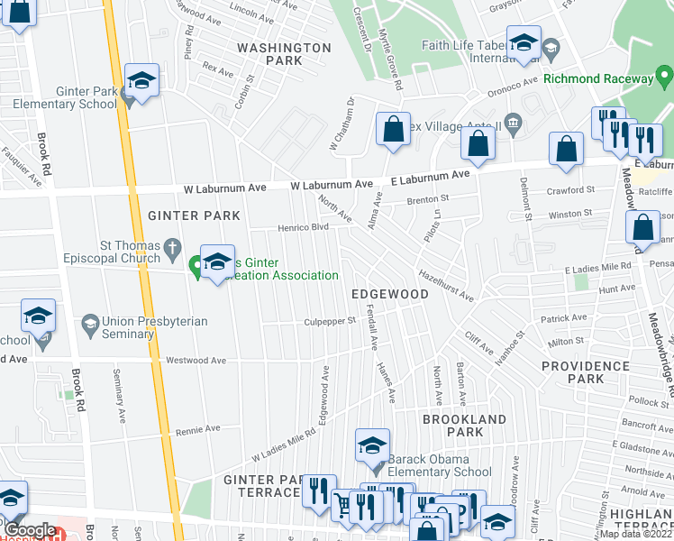 map of restaurants, bars, coffee shops, grocery stores, and more near 3600 Griffin Avenue in Richmond