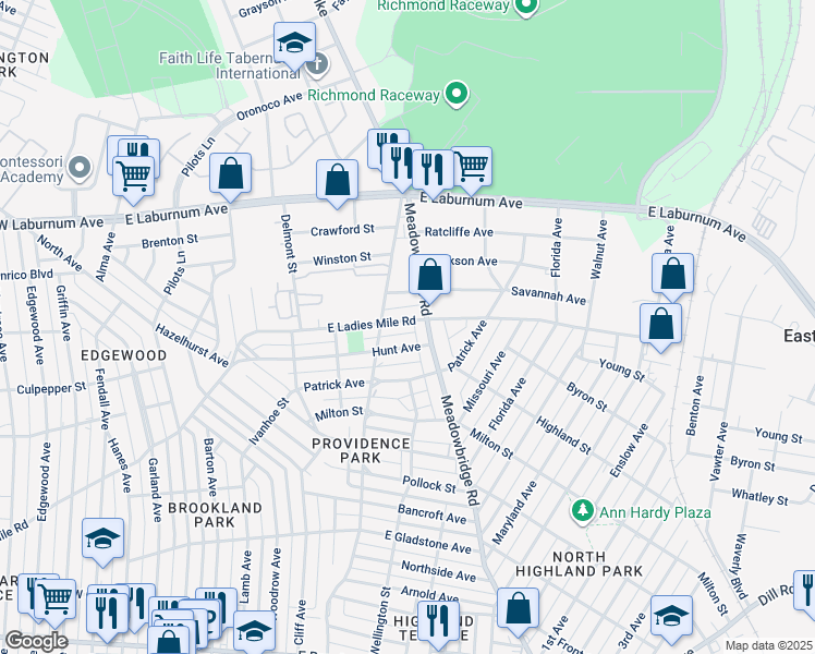 map of restaurants, bars, coffee shops, grocery stores, and more near 513 East Ladies Mile Road in Richmond