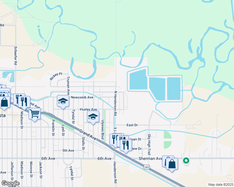 map of restaurants, bars, coffee shops, grocery stores, and more near 548 North Henderson Road in Monte Vista