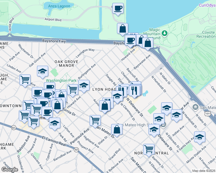 map of restaurants, bars, coffee shops, grocery stores, and more near 110 Clarendon Road in Burlingame