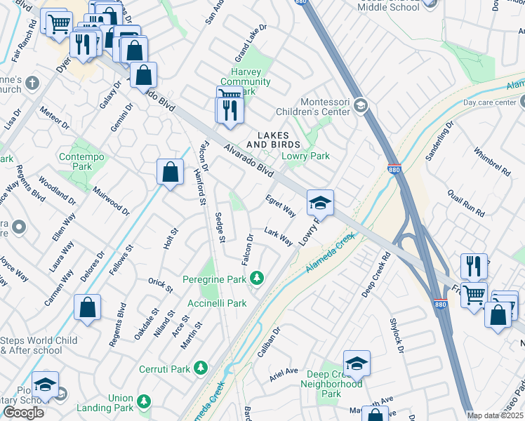 map of restaurants, bars, coffee shops, grocery stores, and more near 4160 Lark Court in Fremont