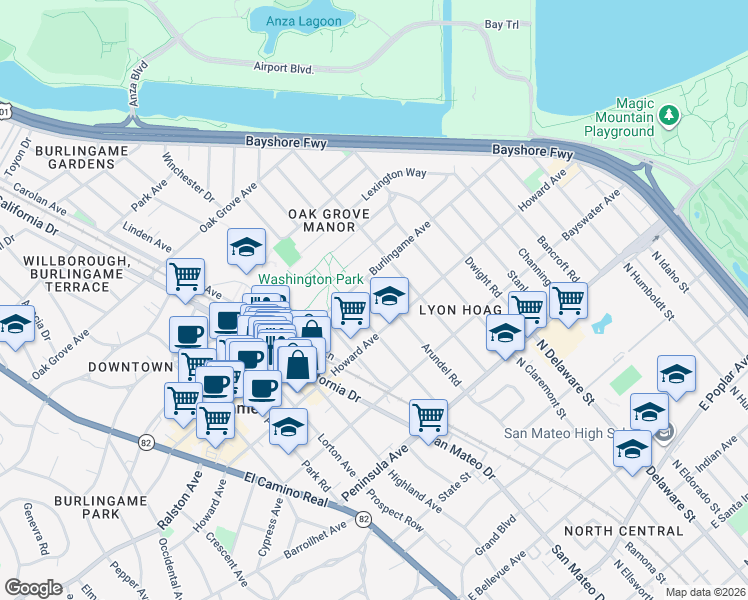 map of restaurants, bars, coffee shops, grocery stores, and more near 225 Arundel Road in Burlingame