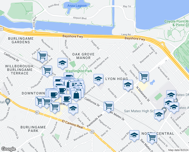 map of restaurants, bars, coffee shops, grocery stores, and more near 225 Arundel Road in Burlingame