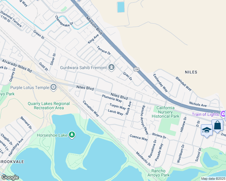 map of restaurants, bars, coffee shops, grocery stores, and more near 35936 Plumeria Way in Fremont