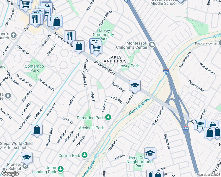 map of restaurants, bars, coffee shops, grocery stores, and more near 4160 Lark Court in Fremont