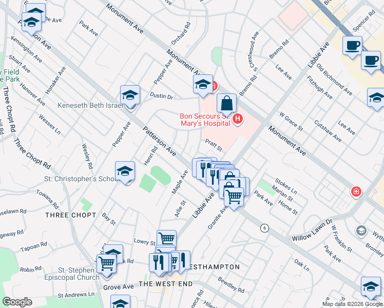 map of restaurants, bars, coffee shops, grocery stores, and more near 901 Maple Avenue in Richmond