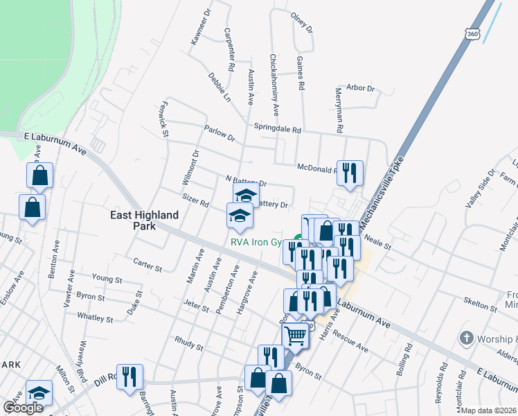 map of restaurants, bars, coffee shops, grocery stores, and more near 1909 South Battery Drive in Richmond