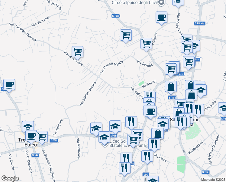 map of restaurants, bars, coffee shops, grocery stores, and more near 14 Via Maestrale in Città metropolitana di Catania