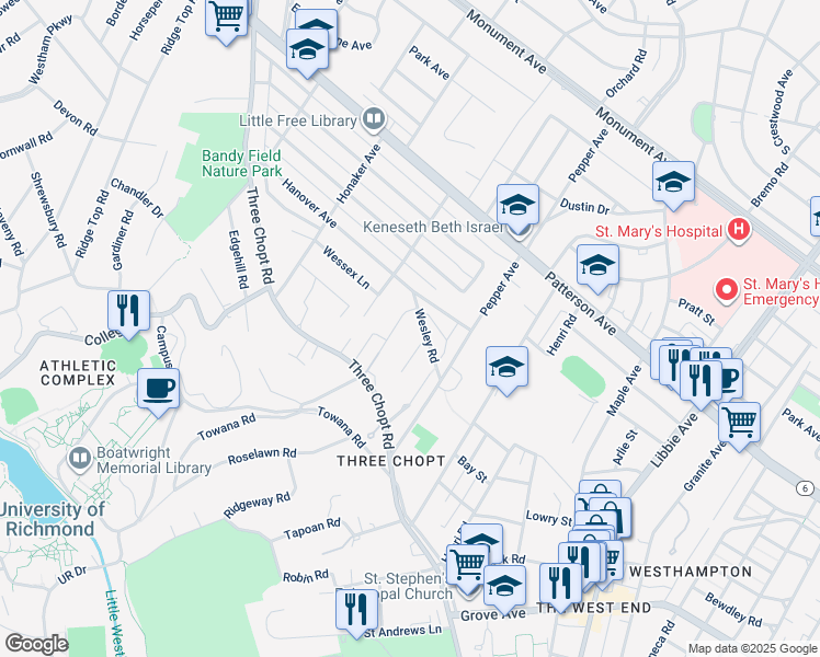map of restaurants, bars, coffee shops, grocery stores, and more near 703 Tiber Lane in Richmond