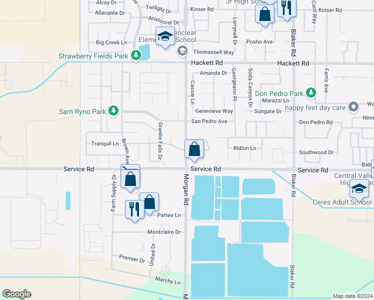 map of restaurants, bars, coffee shops, grocery stores, and more near 1304 Tranquil Lane in Ceres
