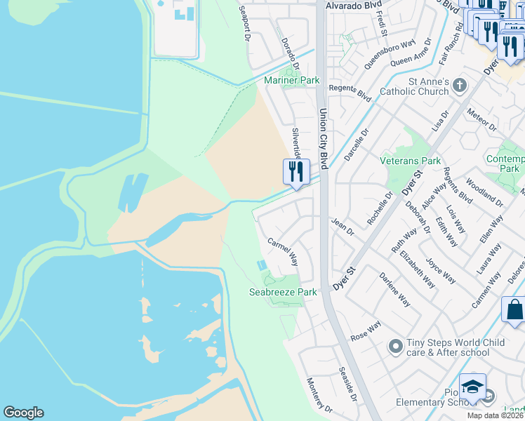 map of restaurants, bars, coffee shops, grocery stores, and more near 5875 Carmel Way in Union City