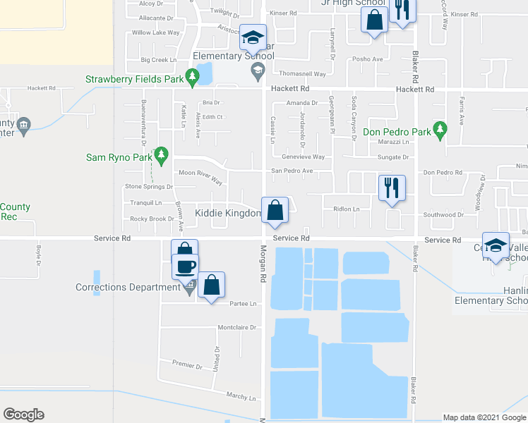 map of restaurants, bars, coffee shops, grocery stores, and more near Morgan Rd & Tranquil Ln in Ceres