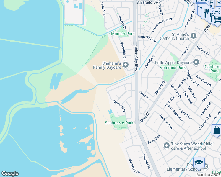 map of restaurants, bars, coffee shops, grocery stores, and more near 5875 Carmel Way in Union City