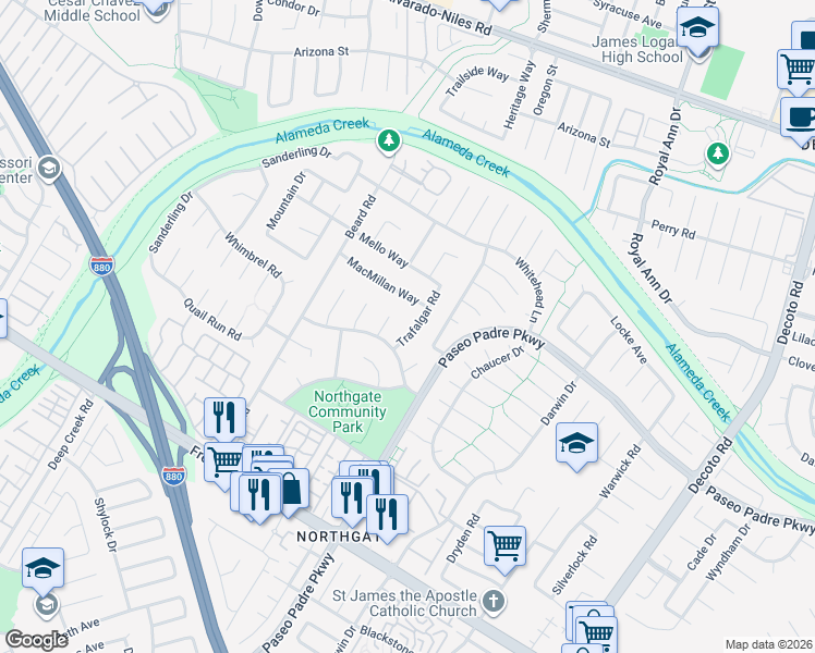 map of restaurants, bars, coffee shops, grocery stores, and more near 3291 Trafalgar Road in Fremont