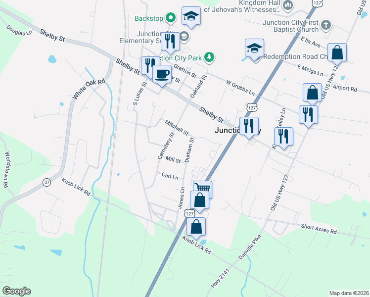 map of restaurants, bars, coffee shops, grocery stores, and more near 120 Durham Street in Junction City