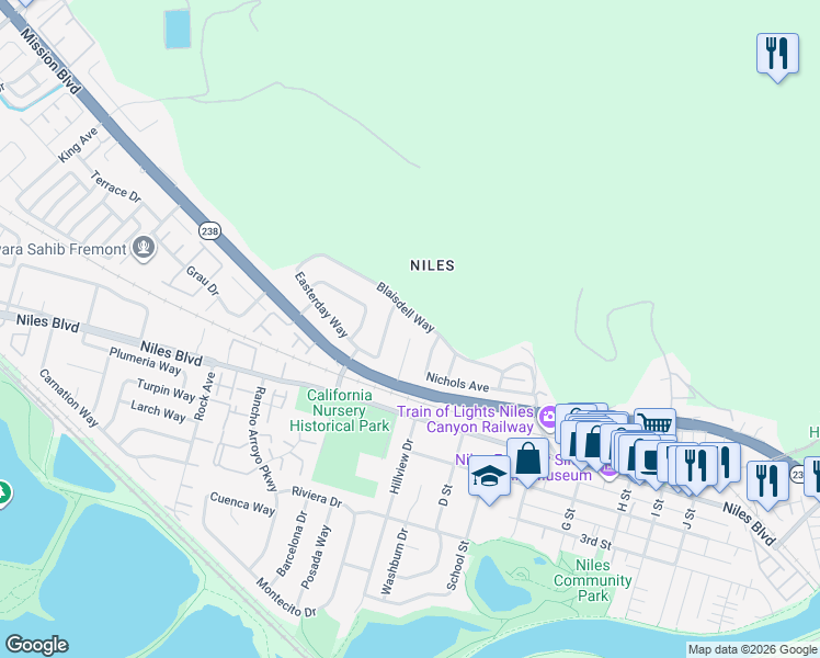 map of restaurants, bars, coffee shops, grocery stores, and more near 36535 Nichols Avenue in Fremont