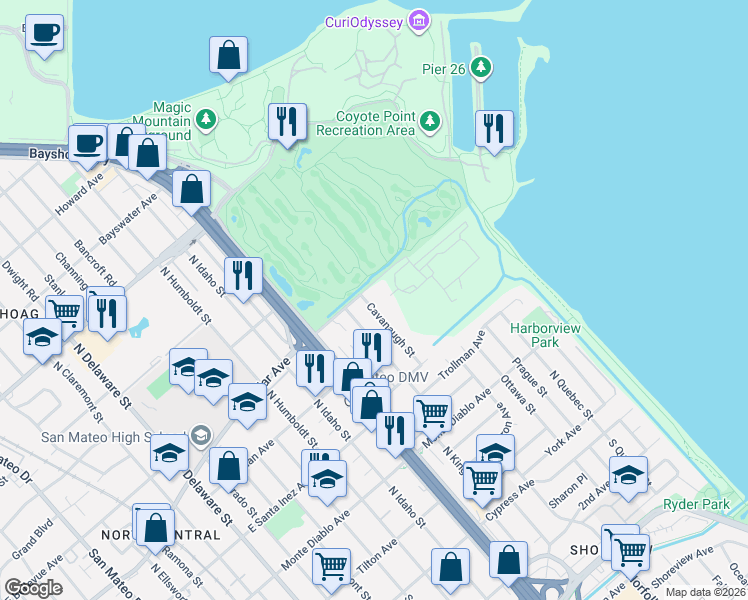 map of restaurants, bars, coffee shops, grocery stores, and more near 424 North Kingston Street in San Mateo
