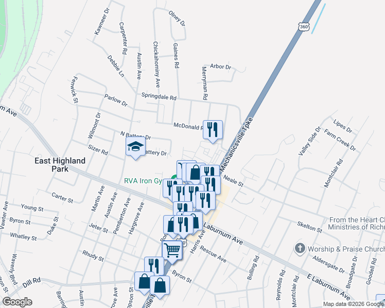 map of restaurants, bars, coffee shops, grocery stores, and more near Neale Street in Richmond
