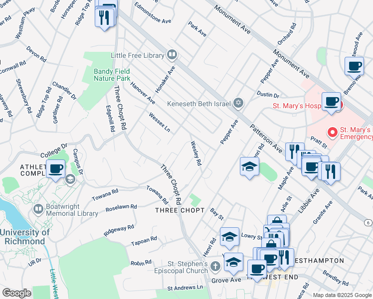 map of restaurants, bars, coffee shops, grocery stores, and more near 703 Tiber Lane in Richmond