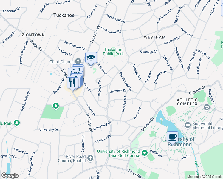 map of restaurants, bars, coffee shops, grocery stores, and more near 401 Westham Parkway in Richmond